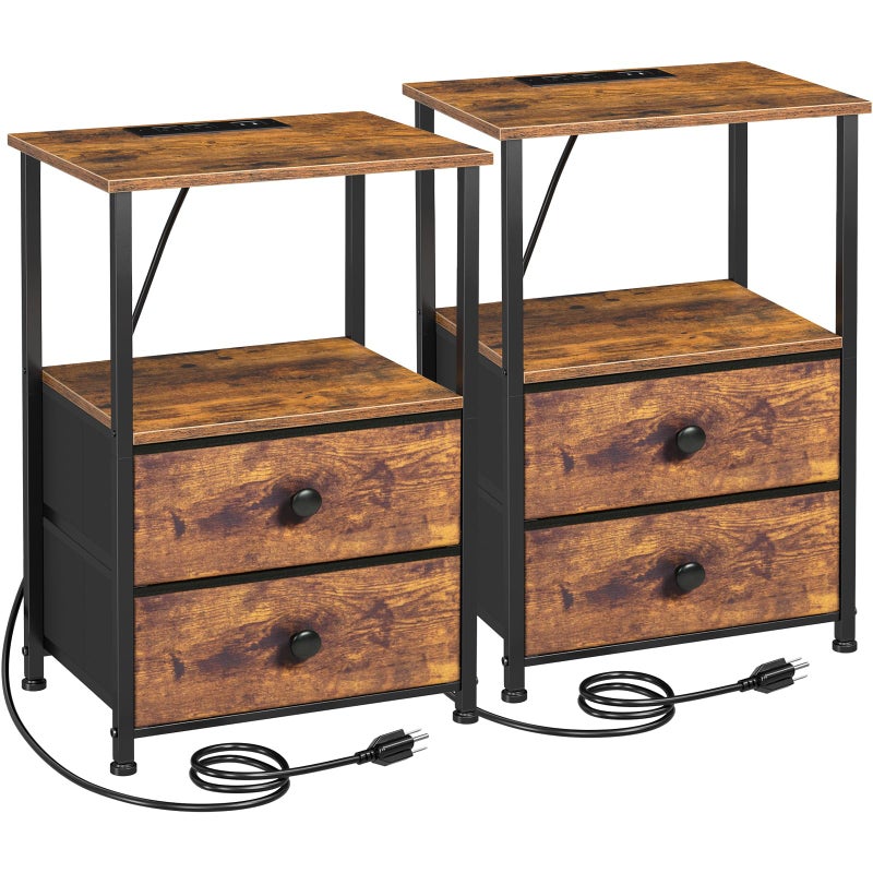 LOAKEKEL Night Stand Set 2, Nightstand with Charging Station, End Tables with Storage Shelf for Small Spaces, Bedside Table Side Tables with 2 Fabric Drawers for Bedroom, Rustic Brown, HETS020PBR - Image 1