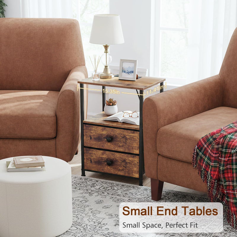 LOAKEKEL Night Stand Set 2, Nightstand with Charging Station, End Tables with Storage Shelf for Small Spaces, Bedside Table Side Tables with 2 Fabric Drawers for Bedroom, Rustic Brown, HETS020PBR - Image 5