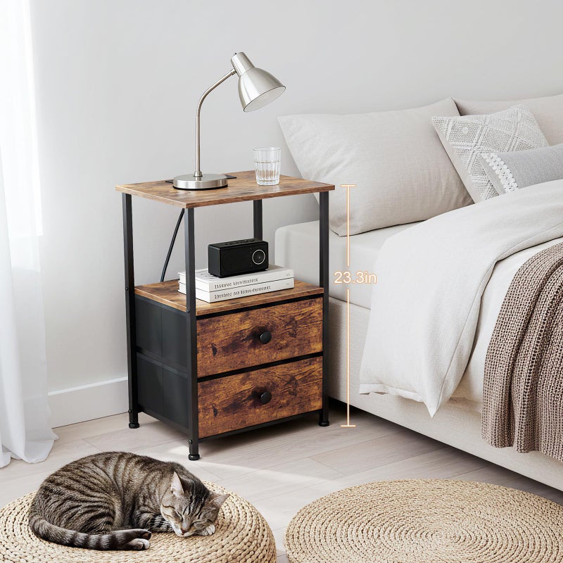 LOAKEKEL Night Stand Set 2, Nightstand with Charging Station, End Tables with Storage Shelf for Small Spaces, Bedside Table Side Tables with 2 Fabric Drawers for Bedroom, Rustic Brown, HETS020PBR - Image 2