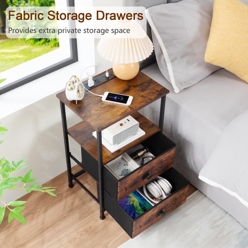 LOAKEKEL Night Stand Set 2, Nightstand with Charging Station, End Tables with Storage Shelf for Small Spaces, Bedside Table Side Tables with 2 Fabric Drawers for Bedroom, Rustic Brown, HETS020PBR - Image 3