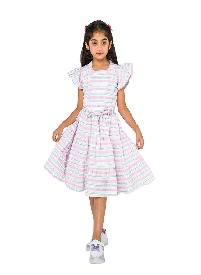 بيبي كلو Cute pink striped dress with waist tie for girls