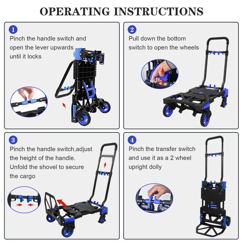 Oyoest 2 in 1 Folding Hand Truck with Folding Basket,Heavy Duty Hand Truck Dolly 330lbs Capacity with Telescoping Handle and Rubber Wheels,Portable Dolly Cart with Bungee Cords for Moving - Image 5