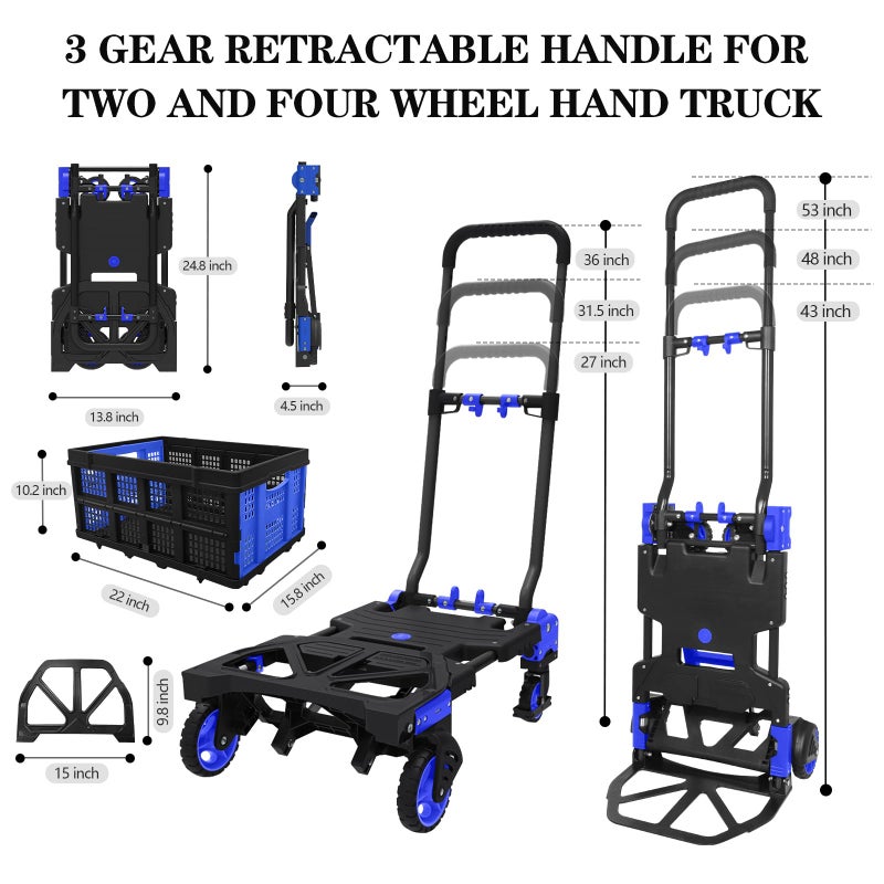 Oyoest 2 in 1 Folding Hand Truck with Folding Basket,Heavy Duty Hand Truck Dolly 330lbs Capacity with Telescoping Handle and Rubber Wheels,Portable Dolly Cart with Bungee Cords for Moving - Image 3