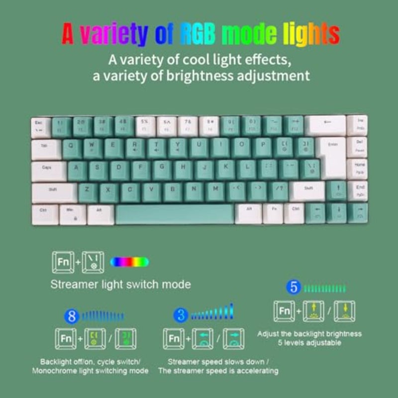 60% Wired Gaming Keyboard, 68 Keys RGB Backlit Compact Gaming Keyboard for PC Laptop, Multimedia Keys Mechanical Key Board for Travel, Business Trip, Easy to Carry White Green Color Block - Image 3