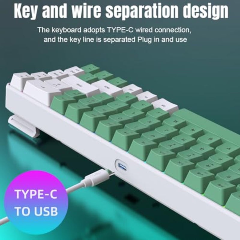 60% Wired Gaming Keyboard, 68 Keys RGB Backlit Compact Gaming Keyboard for PC Laptop, Multimedia Keys Mechanical Key Board for Travel, Business Trip, Easy to Carry White Green Color Block - Image 4