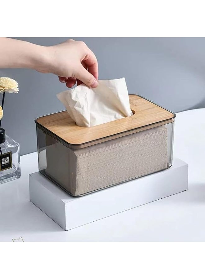 Generic Tissue Box Cover Holder, Minimalist Transparent Tissue Dispenser Box with Bamboo Lid, Rectangle Dryer Sheet Dispenser Holder, Facial Tissue Holder for Bathroom Living Room Bedroom (Large) - Image 1