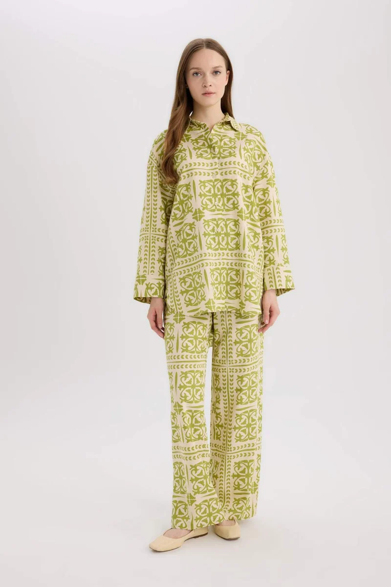 ديفاكتو Wide Leg Printed Linen Blend Trousers