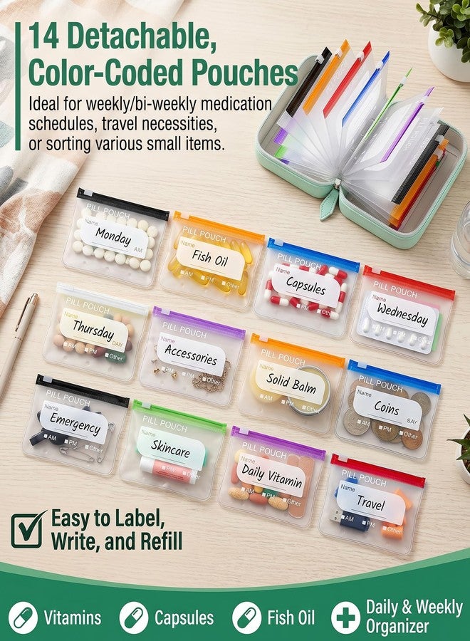 A8 Waterproof Pill Pouch Set, Large Weekly Pill Organizer with 14 Color-Coded Medicine Pouches, Reusable Large Medicine Organizer for Travel, 7 Day Portable Medicine Pill Case (Green) - Image 3