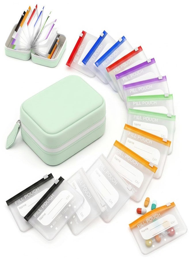 A8 Waterproof Pill Pouch Set, Large Weekly Pill Organizer with 14 Color-Coded Medicine Pouches, Reusable Large Medicine Organizer for Travel, 7 Day Portable Medicine Pill Case (Green) - Image 1