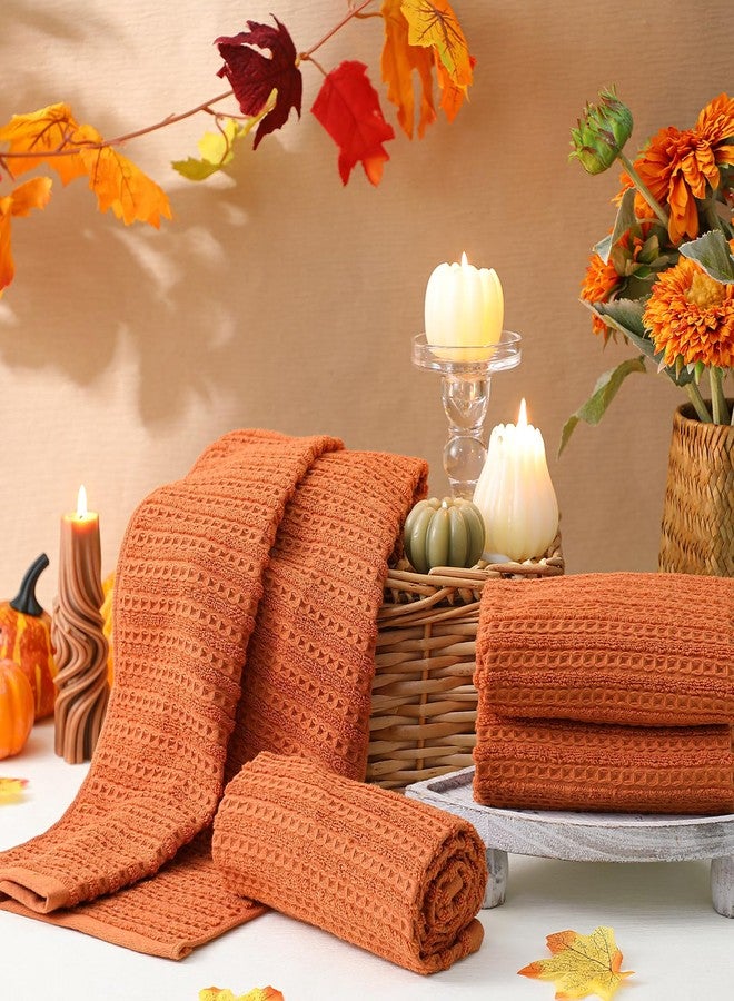 Mindsoft مجموعة من 4 من مناشف اليد بلون برتقالي محترق بنمط مخطط الوافل 100% قطن مناشف يد ناعمة للحمام 13 × 29 بوصة مناشف غسيل ماصة للحمام والمطبخ - Image 4