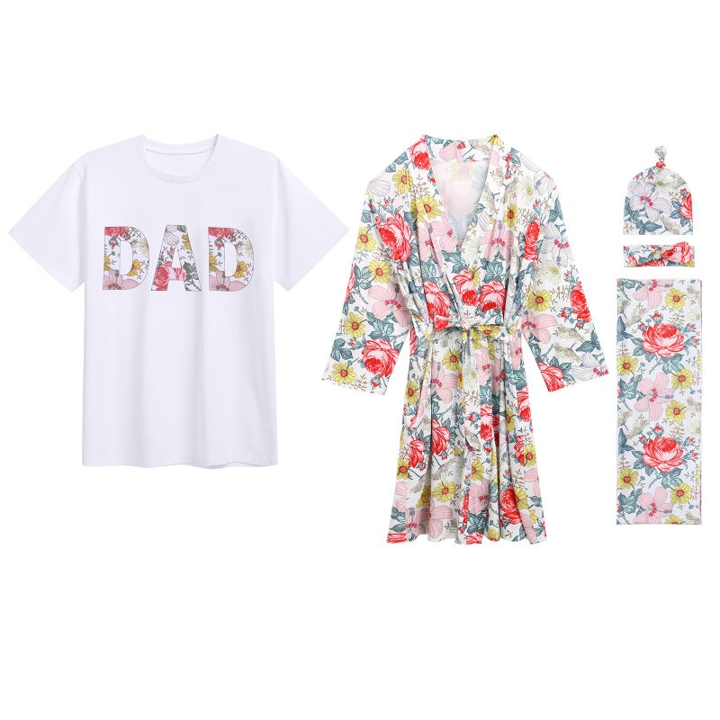 Mommy and Me Robe and Swaddle Set Floral Maternity and Baby Matching Hospital Labor Delivery Swaddling Wrap Blanket TShirt with Headband Hat for Mom Dad Girls Boys Outfit Colourful Flower 4pcs LXL
