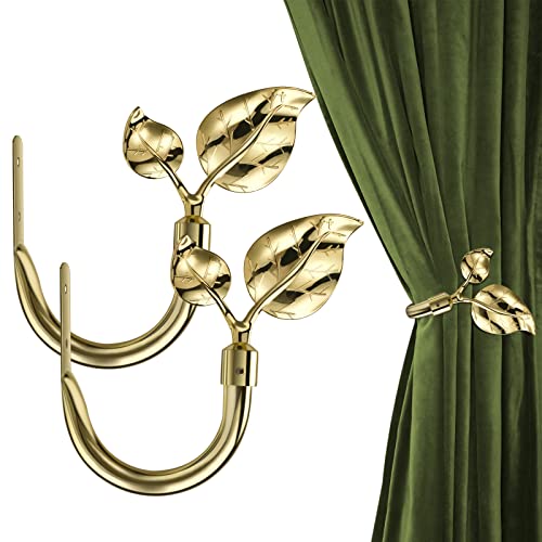 HIKMLK Leaf Shaped Curtain Holdbacks 2pcs, Handmade Metal Curtain Side Holders for Wall, Bright Gold Curtain Tieback Hook Pull Backs for Drapes Window Home Decoration (Gold) - Image 1