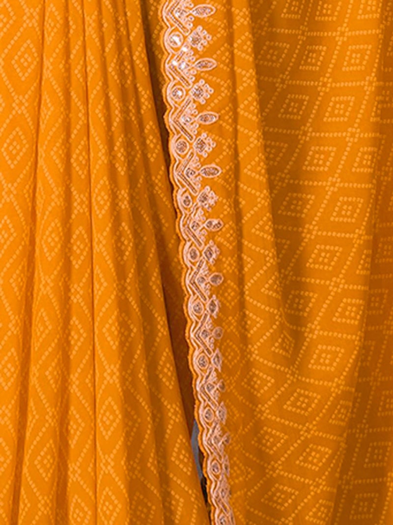 Satrani Women's Georgette Bandhani Printed & Embroidery And Sequins Work Border Saree with Unstitched Blouse Piece (4165S913N_Termeric Yellow) - Image 3