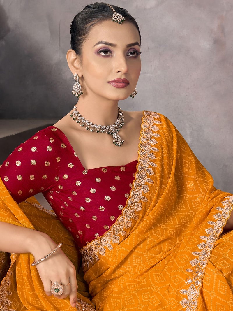 Satrani Women's Georgette Bandhani Printed & Embroidery And Sequins Work Border Saree with Unstitched Blouse Piece (4165S913N_Termeric Yellow) - Image 2