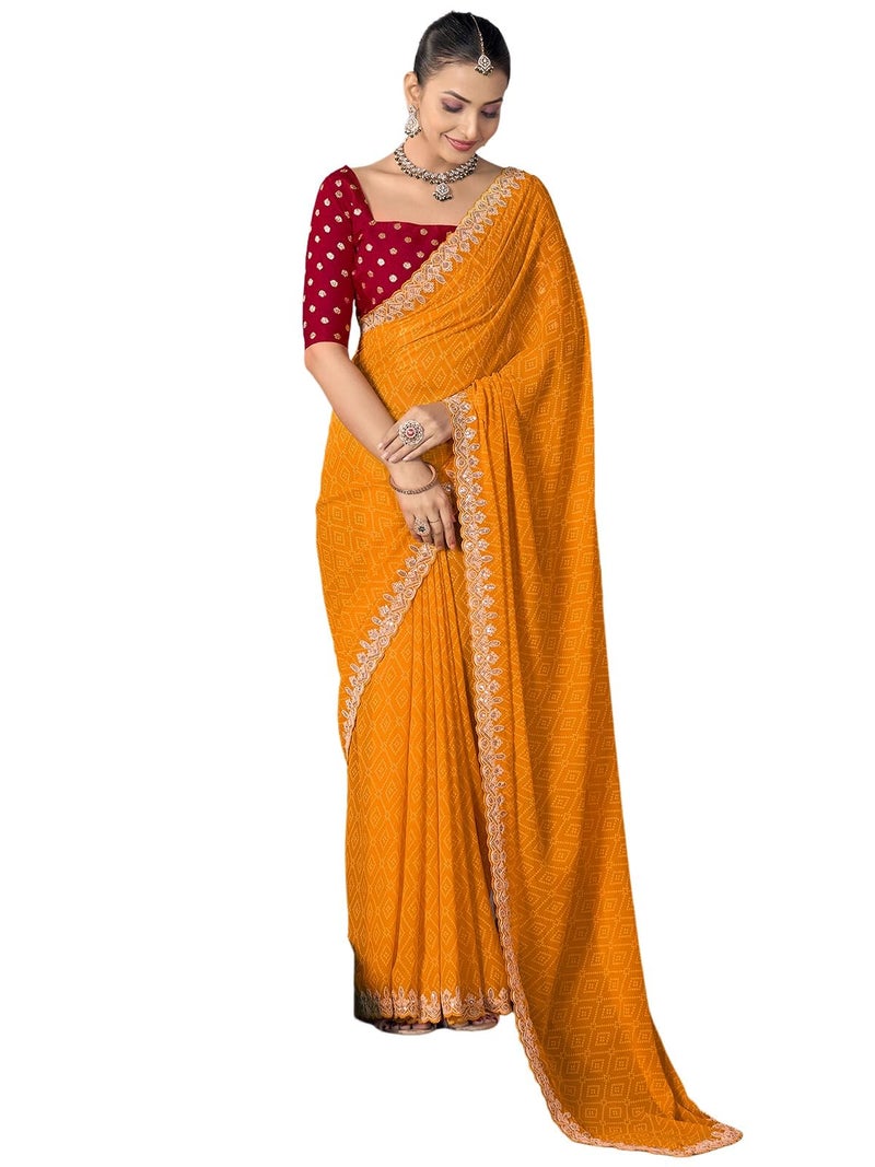 Satrani Women's Georgette Bandhani Printed & Embroidery And Sequins Work Border Saree with Unstitched Blouse Piece (4165S913N_Termeric Yellow) - Image 1