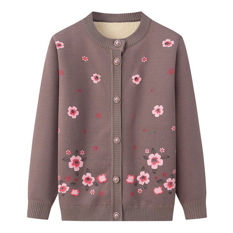 Winter fleece-lined warm 60-70 year old sweater top elderly grandma mother cardigan knitted elderly coat lake blue - Image 2