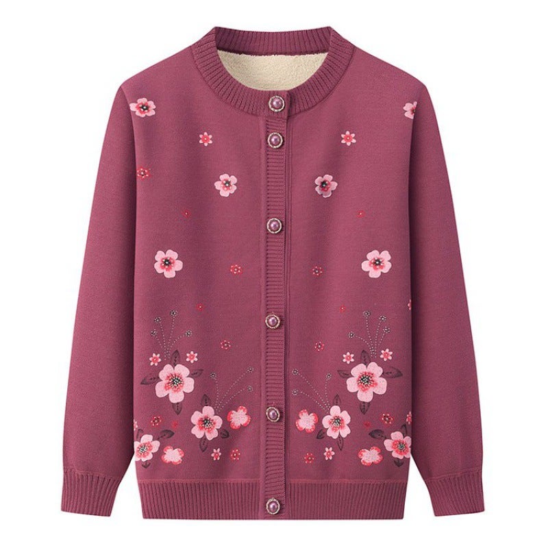 Winter fleece-lined warm 60-70 year old sweater top elderly grandma mother cardigan knitted elderly coat lake blue - Image 5