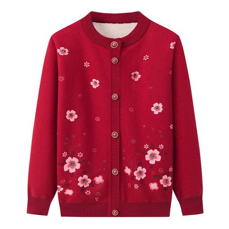Winter fleece-lined warm 60-70 year old sweater top elderly grandma mother cardigan knitted elderly coat lake blue - Image 4