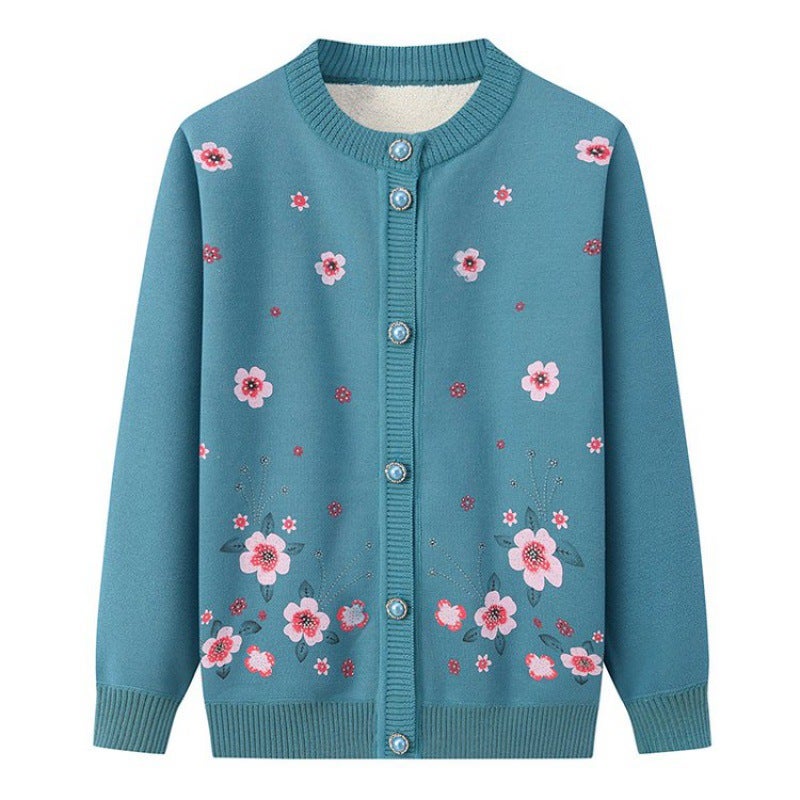 Winter fleece-lined warm 60-70 year old sweater top elderly grandma mother cardigan knitted elderly coat lake blue - Image 1