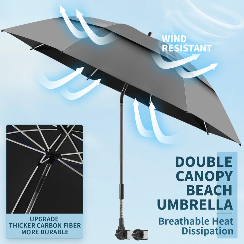 NBtoUS 2 Pack 48.6" Double Canopy Umbrella with Clamp, UPF50+ Beach Chair Umbrella with clip, 360Â°Adjustable Portable Outdoor Wheelchair, Patio, Golf Carts,Camping(Not Include Chair) - Image 2