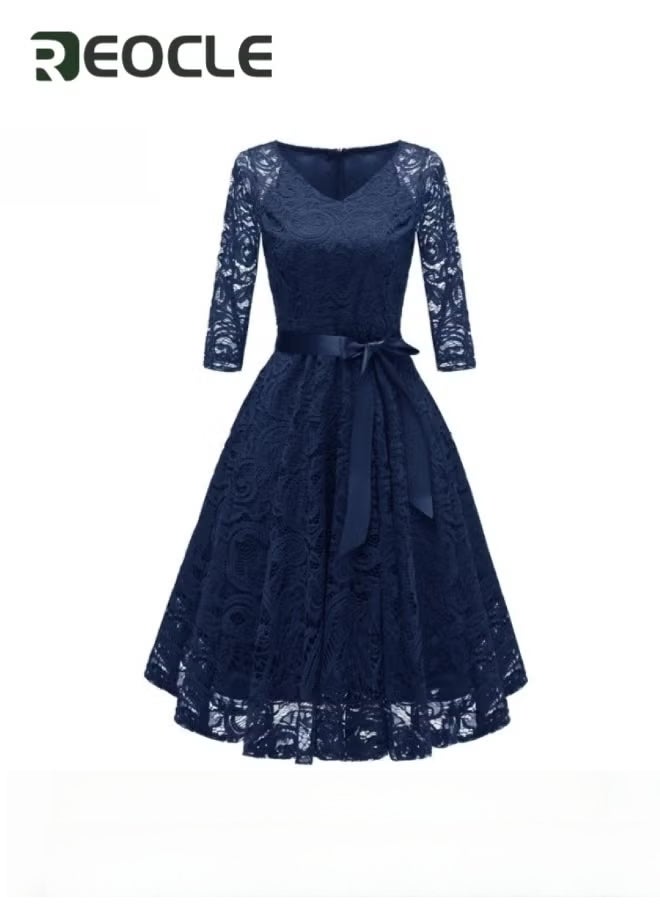 ريوكل فستان دانتيل نسائي بأكمام طويلة وخط A متوسط ​​الطول لحفلات التخرج الرسمية وفستان وصيفة العروس وضيفة حفل الزفاف وفستان كوكتيل من الدانتيل بنقشة الزهور العتيقة - Image 4