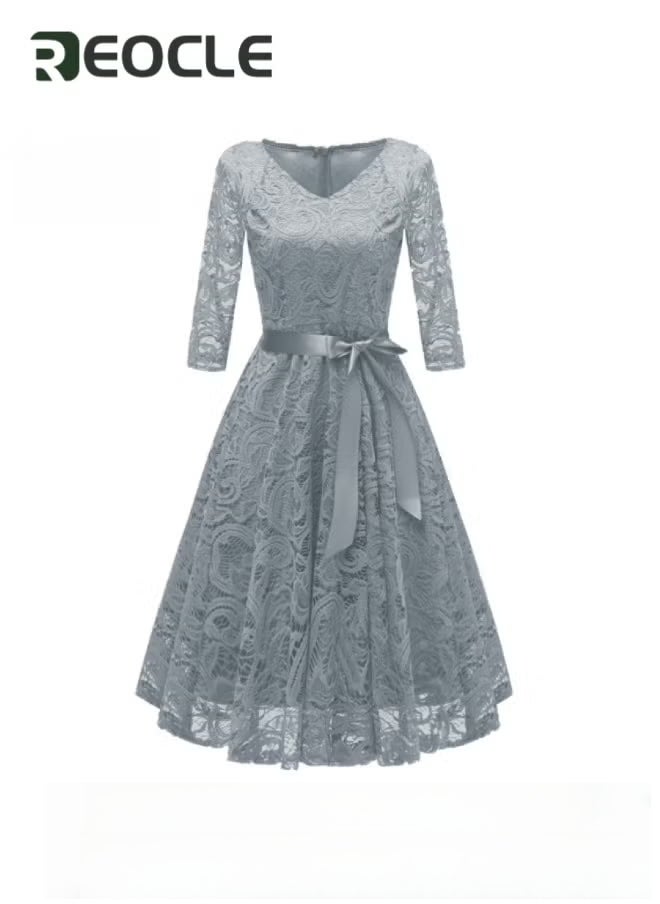 ريوكل فستان دانتيل نسائي بأكمام طويلة وخط A متوسط ​​الطول لحفلات التخرج الرسمية وفستان وصيفة العروس وضيفة حفل الزفاف وفستان كوكتيل من الدانتيل بنقشة الزهور العتيقة - Image 3