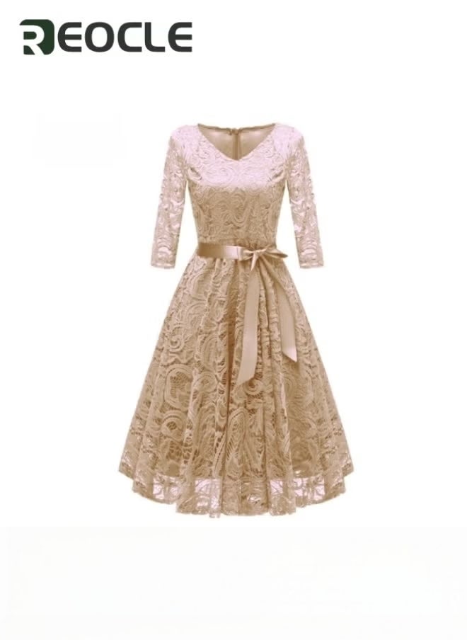 ريوكل فستان دانتيل نسائي بأكمام طويلة وخط A متوسط ​​الطول لحفلات التخرج الرسمية وفستان وصيفة العروس وضيفة حفل الزفاف وفستان كوكتيل من الدانتيل بنقشة الزهور العتيقة - Image 1