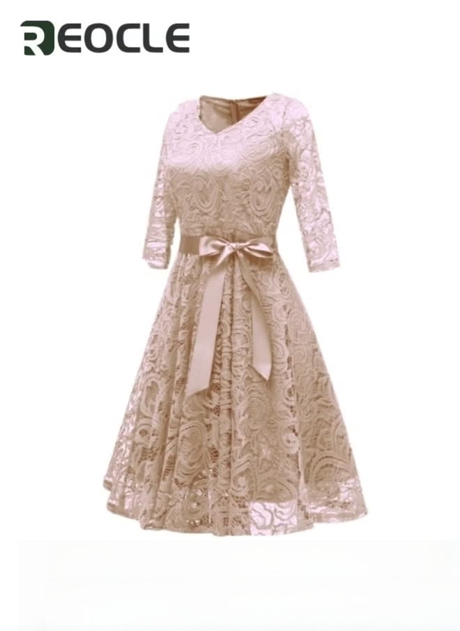 ريوكل فستان دانتيل نسائي بأكمام طويلة وخط A متوسط ​​الطول لحفلات التخرج الرسمية وفستان وصيفة العروس وضيفة حفل الزفاف وفستان كوكتيل من الدانتيل بنقشة الزهور العتيقة - Image 2