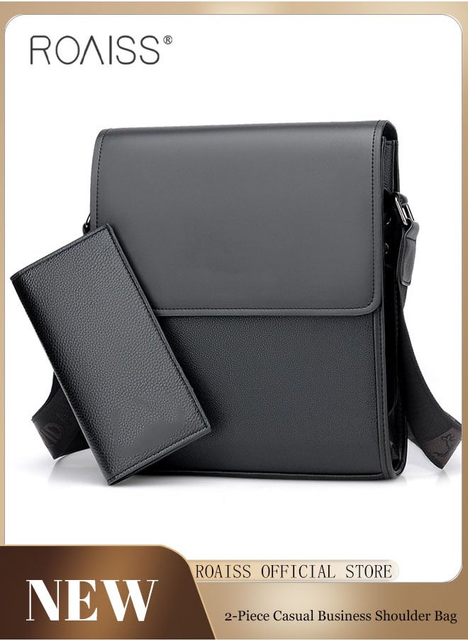 roaiss 2-Piece Pu Leather Business Flip Shoulder Bag Detachable And Adjustable Casual Crossbody Bag Durable And Waterproof Large Capacity Business Bag  - Image 1