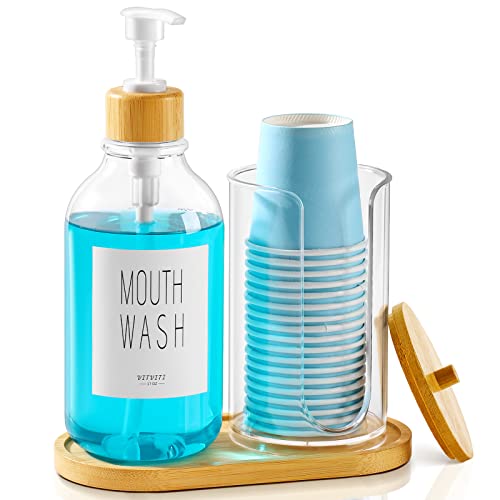 VITVITI Mouthwash Dispenser for Bathroom, Mouth Wash Pump Bottle with Paper Cup Holder, 17Oz Refillable Clear Mouthwash Container with Bamboo Lid/Tray/Label - Image 1