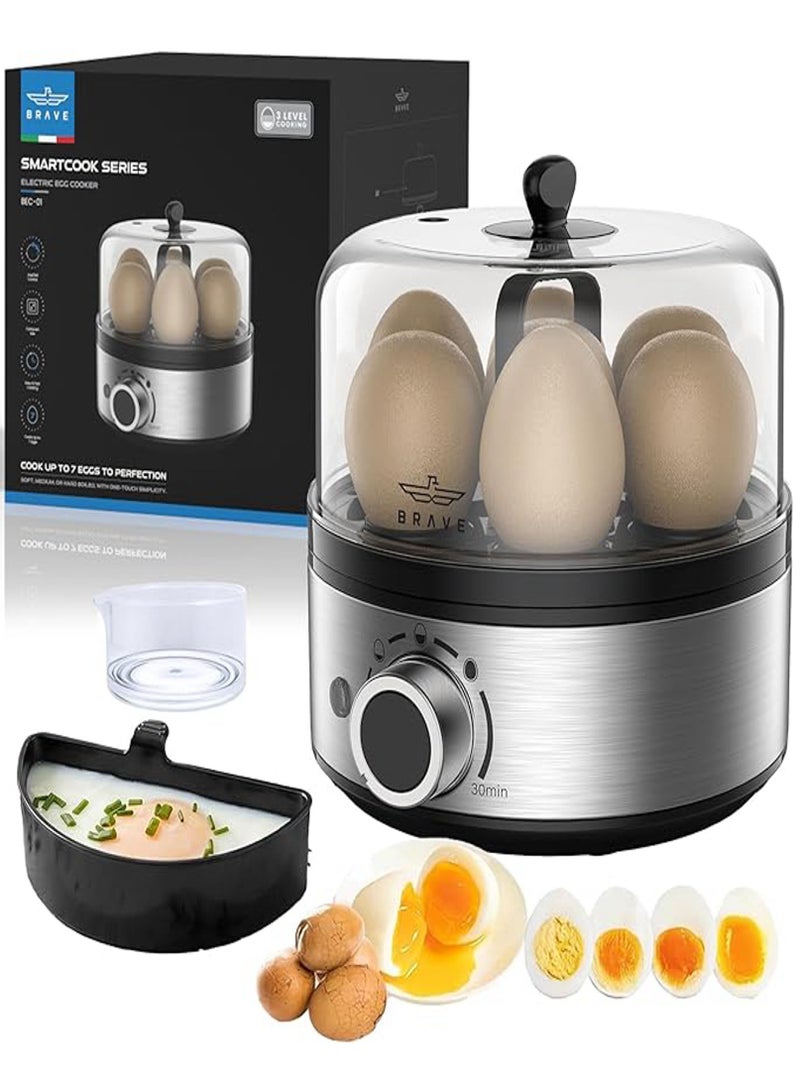 Brave Smart Electric Egg Cooker & Boiler 7-Egg Capacity with 400W Rapid Steam, Fast Boiled & Poached Eggs, Automatic Shut-Off, Multi-Function Egg Steamer & Breakfast Maker, Precision Timer Dial with Ding Alert, Includes Custard Bowl, Measuring Cup & Egg Piercer – Silver - Image 1