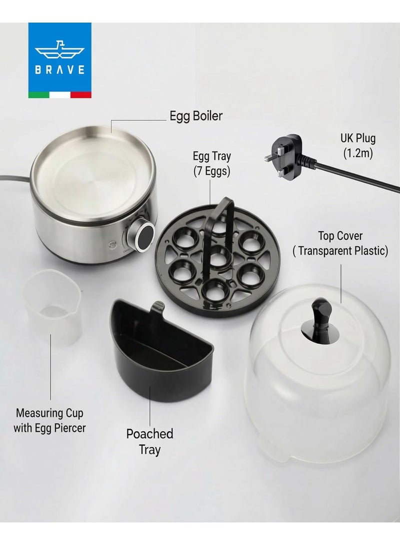 Brave Smart Electric Egg Cooker & Boiler 7-Egg Capacity with 400W Rapid Steam, Fast Boiled & Poached Eggs, Automatic Shut-Off, Multi-Function Egg Steamer & Breakfast Maker, Precision Timer Dial with Ding Alert, Includes Custard Bowl, Measuring Cup & Egg Piercer – Silver - Image 2