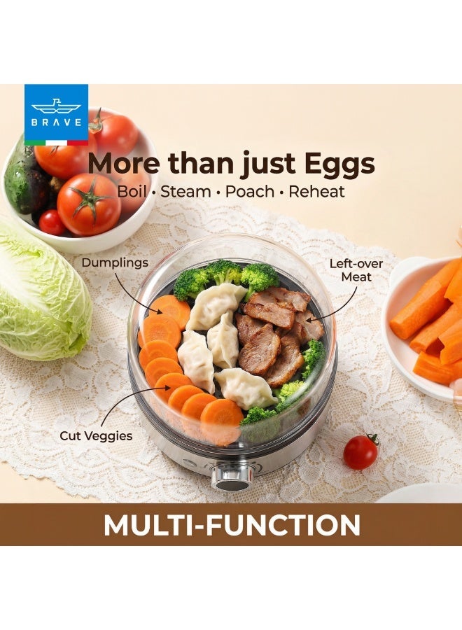 Brave Smart Electric Egg Cooker & Boiler 7-Egg Capacity with 400W Rapid Steam, Fast Boiled & Poached Eggs, Automatic Shut-Off, Multi-Function Egg Steamer & Breakfast Maker, Precision Timer Dial with Ding Alert, Includes Custard Bowl, Measuring Cup & Egg Piercer – Silver - Image 3