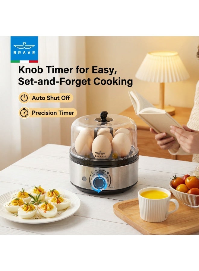 Brave Smart Electric Egg Cooker & Boiler 7-Egg Capacity with 400W Rapid Steam, Fast Boiled & Poached Eggs, Automatic Shut-Off, Multi-Function Egg Steamer & Breakfast Maker, Precision Timer Dial with Ding Alert, Includes Custard Bowl, Measuring Cup & Egg Piercer – Silver - Image 4