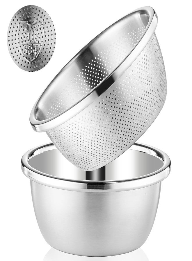 POPGRADE 304 Stainless Steel Colander 5QT Microporous Colander & Large Bowl for Kitchen,Rice Strainer with Salad Mixing Bowl for Pasta Straining,Fruit Washing,Vegetable Draining,Food Mixing(2PCs) - Image 1