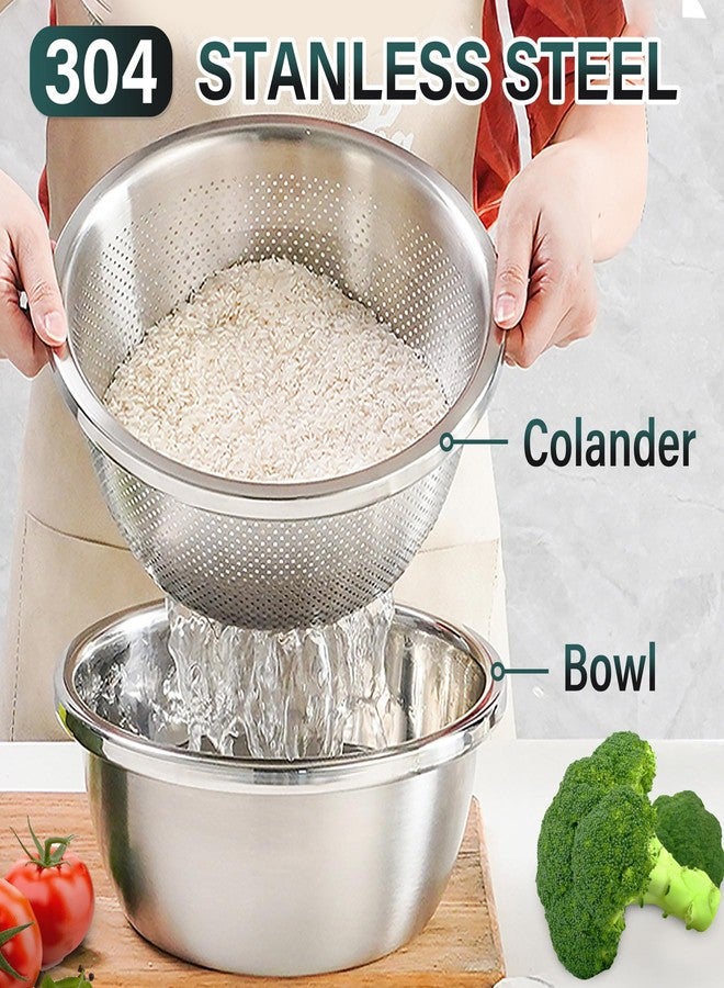 POPGRADE 304 Stainless Steel Colander 5QT Microporous Colander & Large Bowl for Kitchen,Rice Strainer with Salad Mixing Bowl for Pasta Straining,Fruit Washing,Vegetable Draining,Food Mixing(2PCs) - Image 2