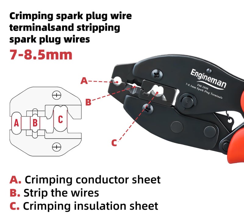ENGINEMAN Spark Plug Wire Crimping Tool Kit, Ratchet Spark Plug Crimper for Crimping and Stripping Plug, 26PCS 180 °/90 °/Straight Spark Plug Coil Terminals and 24PCS Terminals Boots - Image 4
