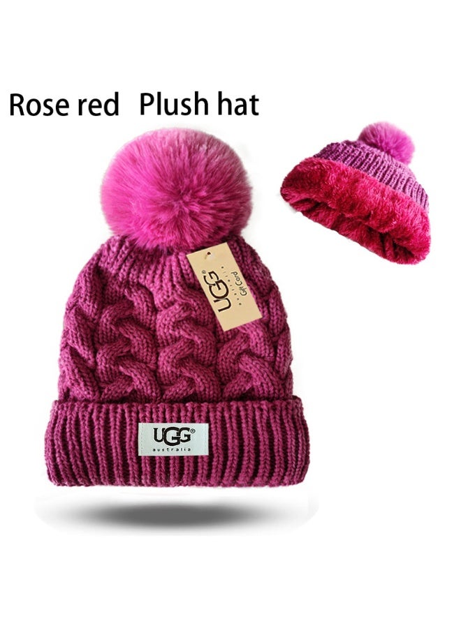 UGG Chic Rose Red Plush-Lined Beanie with Fluffy Pom-Pom - Stylish Cold-Weather Essential 615Size
