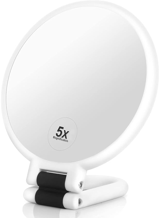 erorex Magnifying Makeup Vanity Mirror 1X 5X Travel Foldable Compact Mirrors For Women 360° Rotating Hand Held Cosmetic Mirror With Handle Double Side Desk Tabletop Vanity Round Mirror White - Image 1