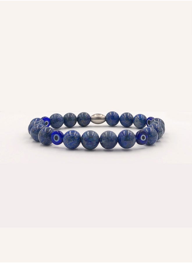 CHRYSOSTOMOS - Handmade Beaded Bracelet for Men with Grey-Blue Agate and Blue Glassy Evil Eye - Image 1
