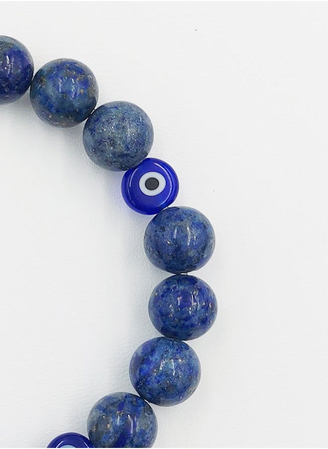 CHRYSOSTOMOS - Handmade Beaded Bracelet for Men with Grey-Blue Agate and Blue Glassy Evil Eye - Image 1