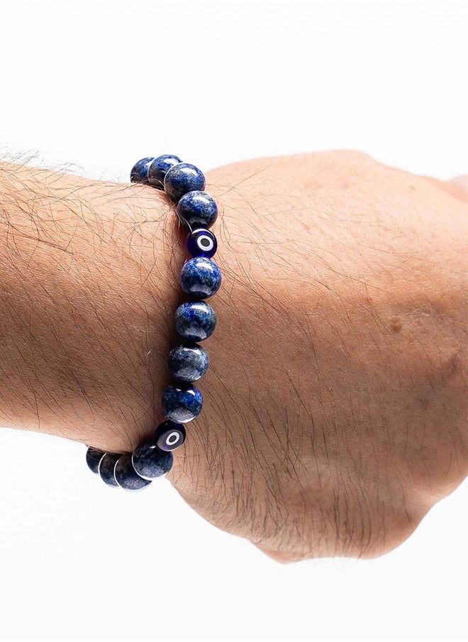 CHRYSOSTOMOS - Handmade Beaded Bracelet for Men with Grey-Blue Agate and Blue Glassy Evil Eye - Image 1