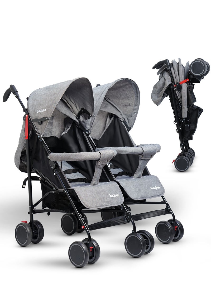 BAYBEE 2 in 1 Twin Baby Stroller For Newborn Babies, Double Seat Stroller Twins with Adjustable Canopy, Safety Guardrail, Wheel Lock & Parental Handle | Toddler Stroller for Baby 0 to 4 Years Boy Girl Grey  - Image 1
