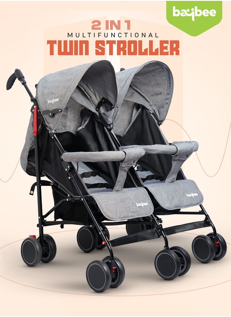 BAYBEE 2 in 1 Twin Baby Stroller For Newborn Babies, Double Seat Stroller Twins with Adjustable Canopy, Safety Guardrail, Wheel Lock & Parental Handle | Toddler Stroller for Baby 0 to 4 Years Boy Girl Grey  - Image 3