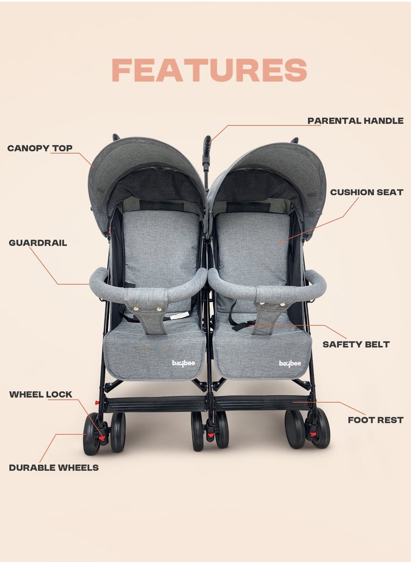 BAYBEE 2 in 1 Twin Baby Stroller For Newborn Babies, Double Seat Stroller Twins with Adjustable Canopy, Safety Guardrail, Wheel Lock & Parental Handle | Toddler Stroller for Baby 0 to 4 Years Boy Girl Grey  - Image 4