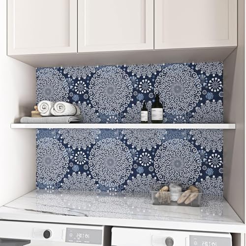 ReWallpaper Peel and Stick Wallpaper Boho Blue Bohemian Mural Wallpaper Stick & Peel Contact Paper for Walls 17.5in x 10ft Large Navy Floral Wall Paper Roll for Bedroom Bathroom Nursery Aesthetic - Image 5