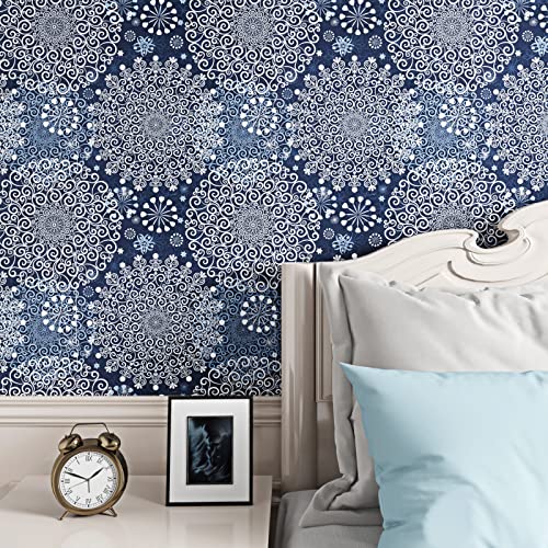 ReWallpaper Peel and Stick Wallpaper Boho Blue Bohemian Mural Wallpaper Stick & Peel Contact Paper for Walls 17.5in x 10ft Large Navy Floral Wall Paper Roll for Bedroom Bathroom Nursery Aesthetic - Image 4