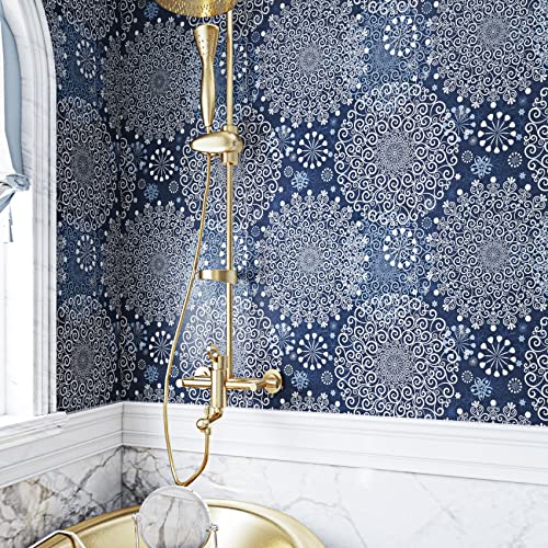 ReWallpaper Peel and Stick Wallpaper Boho Blue Bohemian Mural Wallpaper Stick & Peel Contact Paper for Walls 17.5in x 10ft Large Navy Floral Wall Paper Roll for Bedroom Bathroom Nursery Aesthetic - Image 2
