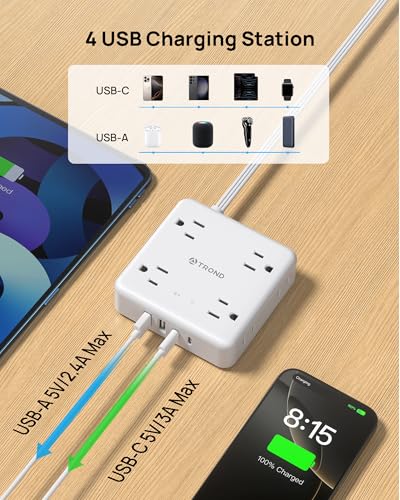 TROND 360° Rotating Plug Power Strip, 5FT Flat Extension Cord with Multiple Outlets 4 USB (2 USB C), Wall Mount Surge Protector 1440 Joules for Home Office Travel Dorm Room Essentials, White - Image 4