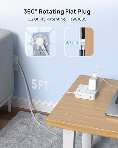 TROND 360° Rotating Plug Power Strip, 5FT Flat Extension Cord with Multiple Outlets 4 USB (2 USB C), Wall Mount Surge Protector 1440 Joules for Home Office Travel Dorm Room Essentials, White - Image 2